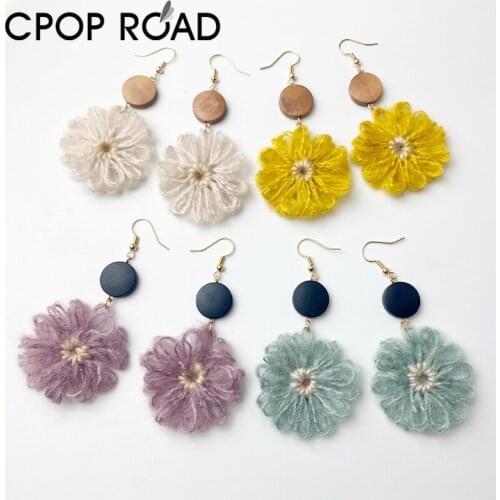 Wool Flower Shape Earrings Wood Boho Simple Handmade Floral Elegant Jewelry for Women Multi Morandi Colors Dangle Earrings