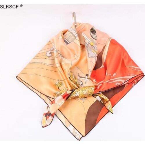 [SLKSCF] 90X90CM Newest Design flower print square silk satin scarf silk scarves muslim hijabs shawls neckerchieves female