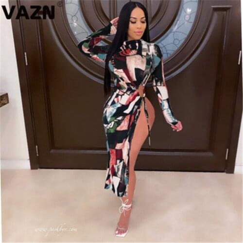 VAZN New Fashion Pattern V-neck Elegant Mujer Chic Ladies Slim Holiday Shinny Dress 2020 Full Sleeve Lady Maxi Dress