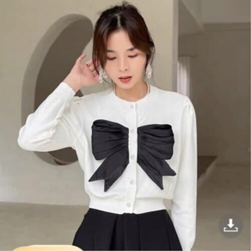 DALMAZZO Bow Knitted Sweater 2021 Newest Autumn Sweet Women Single-Breasted Cardigan Loose Short Sweater Tops Female