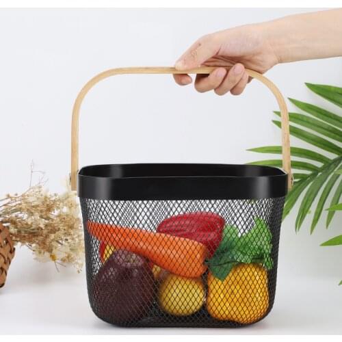 Iron Art Fruit Basket Mesh Home Kitchen Organizer Wooden Handle Stackable Counter Cabinet Vegetable Storage Containers Baskets