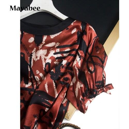 2021 New Spring And Summer Silk Graffiti Print Heavy Satin Short-Sleeved Women Top T-Shirt