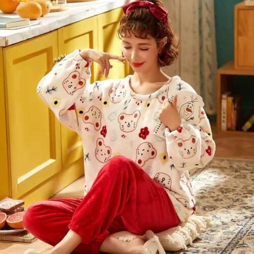 Women Pajamas Autumn Winter Long Sleeve Pyjamas Flannel Warm Clothes Set Cartoon Pijama Mujer Homewear Adult Sleepwear Pant Suit