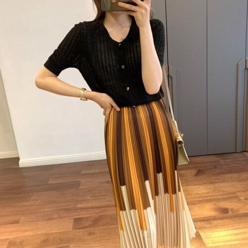 Womens Korean Fashion Pleated Mid-length Skirt 2021 Autumn Splicing Casual Elegant High-waisted Long Skirt Faldas Largas