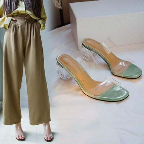 2020 Clear Heels Women Slipper Summer Outdoor Sandal Square High Heel Slip on Flip Flop Elegant Transparent Women Slides Sandal