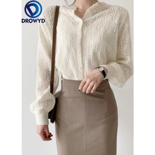 2021 Autumn Women Hollow Out Cradigans Lace Kintting Female O Neck Lantern Sleeve Open Sweater Elegant Single-breasted Loose Top