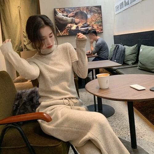 2021 2 Pieces Set Women Knitted Tracksuit Turtleneck Sweater + Carrot Jogging Pants Pullover Sweater Set CHIC Knitted Outwear