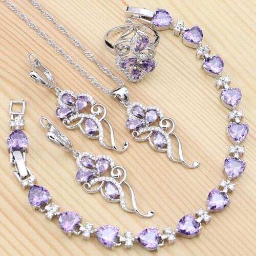 925 Sterling Silver Jewelry Sets for Women Purple Cubic Zirconia Ring Bracelet Necklace Pendant Earrings Jewelry Kit