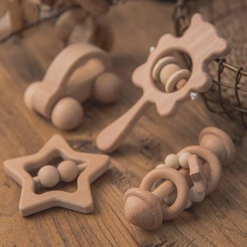 4pcs/set Baby Wooden Rattle Beech Bear Hand Teething Wooden Ring Baby Rattles Play Gym Montessori Stroller Toy Educational Toys