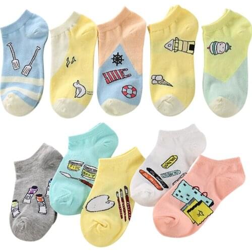 5 Pairs Women Ankle Sock Lovely Candy Color Stars Stripes Low Cut Breathable Stretchy Female Boat Socks Warm Girls Cotton Meias