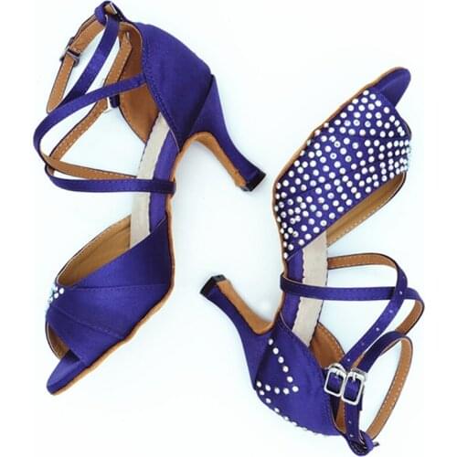 Evkoodance Practice Women Dance Shoes Purple Satin Rhinestone Shinning Ladies Latin Salsa Ballroom Dancing Shoes with 8cm heel