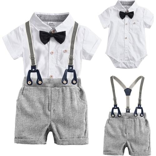 Summer New Baby Boy Bow Tie Gentleman Suit Toddler Newborn Baby Bodysuit+Belt Pants Infant Clothing Set