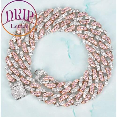 10mm Pink Miami Cuban Link Necklace Mens Hip Hop Chain Women AAAA Zircon Charm Jewelry