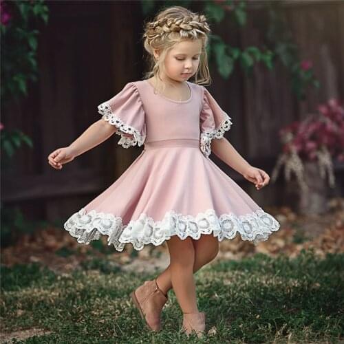 Kids Baby Girls clothes Lace Princess round neck short sleeve Geometry Toddler cotton casual newborn Party Dresses one pieces