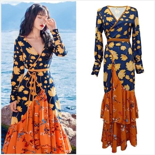 Women V Neck Long Sexy Dress High Quality Vintage Boho Full Sleeve Floral Print Chic Party Dress Sashes Adjustable Dress SL098