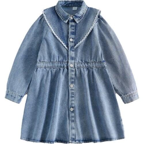 Girls College style denim dress 2021 new middle school childrens spring and autumn fashion childrens long sleeve waist skirt gir