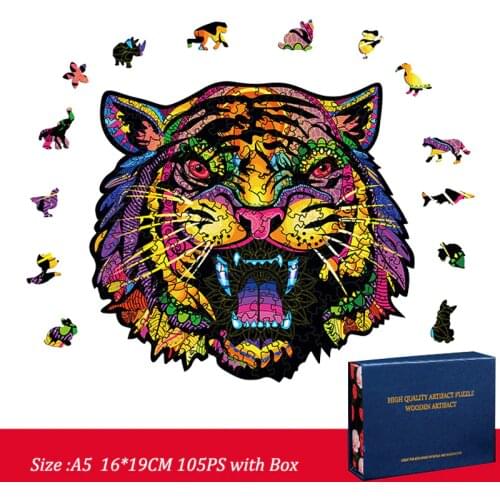 FEOOE Halloween Tiger Head Tiger Alien Shaped Wooden Puzzle Irregular Three-dimensional Animal Puzzle Puzzles for Adults YSH