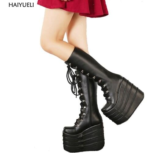 HAIYUELI Big Size 34-43 Womens Fashion Punk Style White/Black Cosplay Boots Square Toe Wedges Platform Boots Leather Long Boots