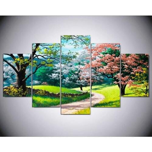 Artwork Pictures Wall Framework Living Room 5 Panel Colorful Spring Trees Home Decoration Posters Modern HD Printed Painting