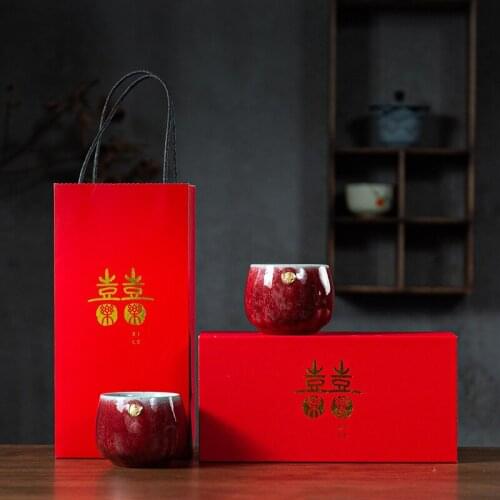 Newly-Married Marriage Festive Gifts Couples Cups Ceramic Kung Fu Tea Cup A Pair In Red Tea Cup Gift Box Ceremonial Cup Bowls