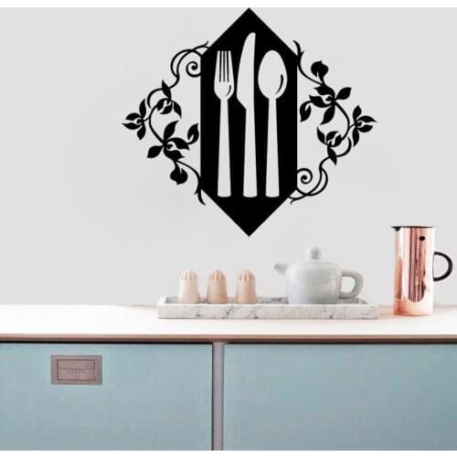 Knife Spoons Fork Kitchen Wall Stickers Beautiful Flower Pattern Design Wall Art Mural Removable Vinyl Home Decor