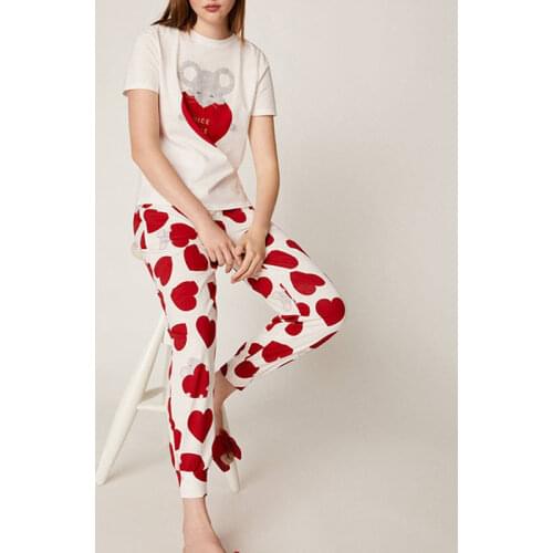 Heart Printing Pajamas Set Fashion Women Summer Short Sleeve Long Pants Pajama Set Sweet Cartoon Home Clothes Pijamas Feminino