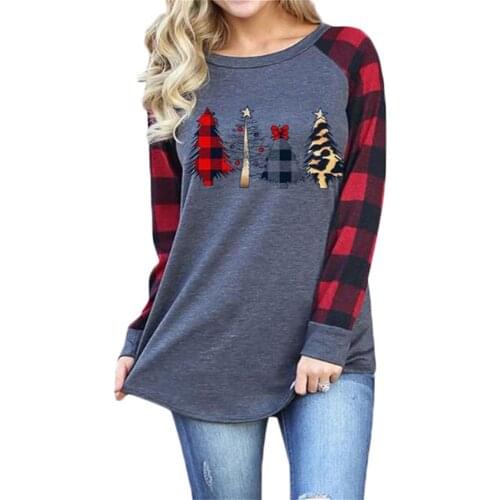 Casual Long-sleeved T-shirt Christmas Tree Print Stitching Plaid Sleeves Long Tops Autumn Leisure Ladies Round Neck T-shirt