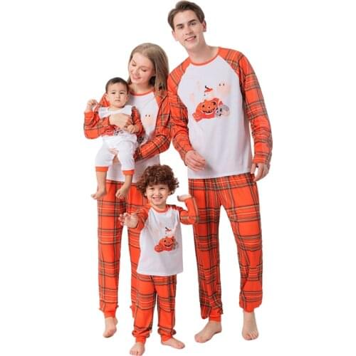 Halloween Family Matching Pajamas Mother Son Father Daughter Clothes Girls Boys Orange Pumpkin Plaid Sleepwear Baby Romper