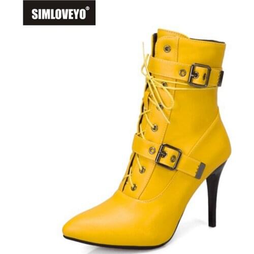 SIMLOVEYO 2021 Sexy Ladies Mid Calf Boots Zip Lace Up Belt Buckle Thin Heel Short Plush US19 Red Blue Black Yellow White A4508