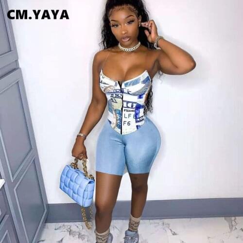 CM.YAYA Streetwear Tracksuit Croset US Dollar Print Crop Tops and Shorts Matching Two Piece Set Vintage Sweatsuit Outfits