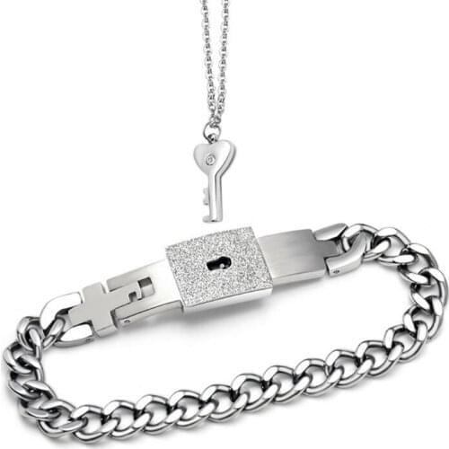 Titanium Puzzle Couple Heart Lock Key Couple Bracelet Necklace Lover Jewelry Set Dropshipping
