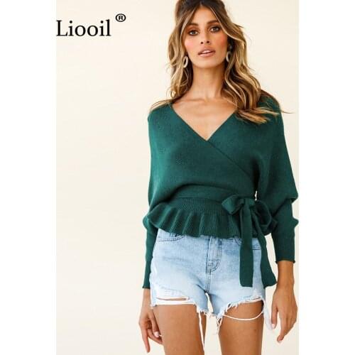 Liooil Backless Bow Knitted Sweater V Neck Long Sleeve Pullover Sexy Jumper Green Sweaters For Women Fashion 2021 Autumn Winter