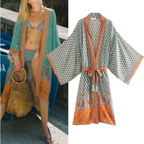 YVYVLOLO 2021 ZA Vintage Floral Print Blue Long Design Kimono Blouse Batwing Sleeve Cardigan Womens Shirt Maxi Beach Blusas
