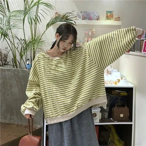 Women Striped Tshirt Korean Style Net Red Loose Long-Sleeved Fall Autumn Top Tee Shirt