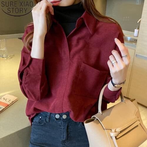 Women Corduroy Blouse 2021 Winter Clothes Office Ladies Long Sleeve Shirt Female Korean Fashion Loose Red Shirts Blusas 12117