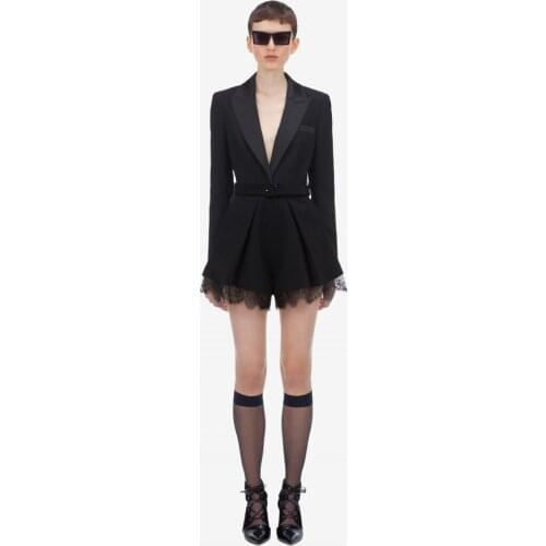 Black Blazer Rompers Mujer 2019 Short Jumpsuits Autumn V-Neck Patchwork Lace Long Sleeve Come With Belt Office Lady Jumpsuits