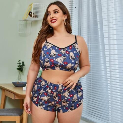 DOIB Women Sexy Pajamas Set Cute Cartoon Dog Print Plus Size Spaghetti Strap 3 Pieces Suit Homewear Nightwear