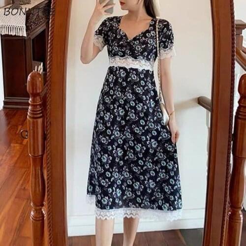 Dress Women Vintage Floral Elegant Lace Korean Style Summer Short Sleeve Sexy V-Neck Holiday Female A-line Fashion Chic Vestidos