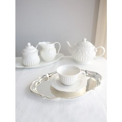 White Embossed Tea Cup Saucer With Phnom Penh Porcelain French Court Tea Set Milk Pot Sugar Jar Dinner Plates Snack Dish