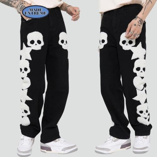 BLACKAIR skulls pattern baggy jeans skeleton embroidery jeans for men hip hop jeans high street cargo jeans black jeans DY815