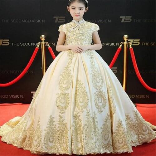 Elegant Satin Flower Girl Dresses Gold Lace Applique Sleeveless Beauty Pageant Gown for Girls First Holy Communion Party Dresses