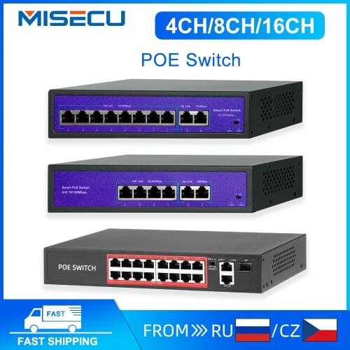 MISECU 48V Network POE Switch 4/8/16CH 10/100Mbps Ports IEEE 802.3 af/at Over Ethernet IP Camera/Wireless AP/CCTV Camera System