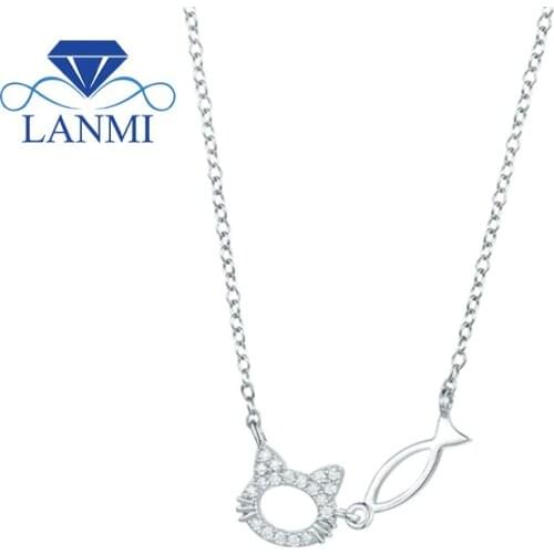 LANMI Girls Choker S925 Sterling Silver Cat & Fish Love Moissanite Pendants Necklace For Women Valentines Jewellery Gifts