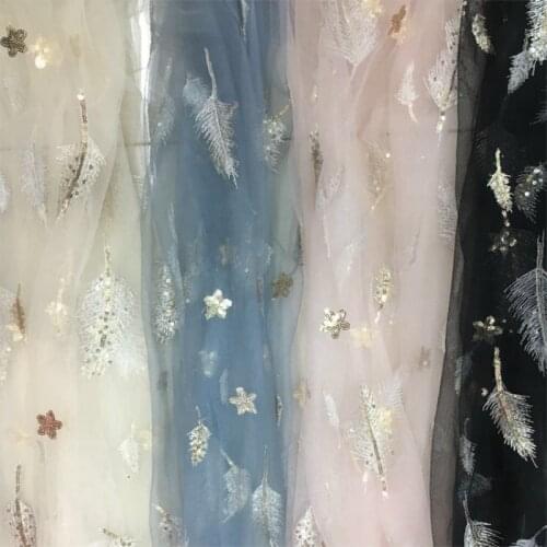 Fashion Gold star silver feather sequin wedding mesh embroidered fabric clothing mesh sewing fabric dress patch DIY fabric MF52