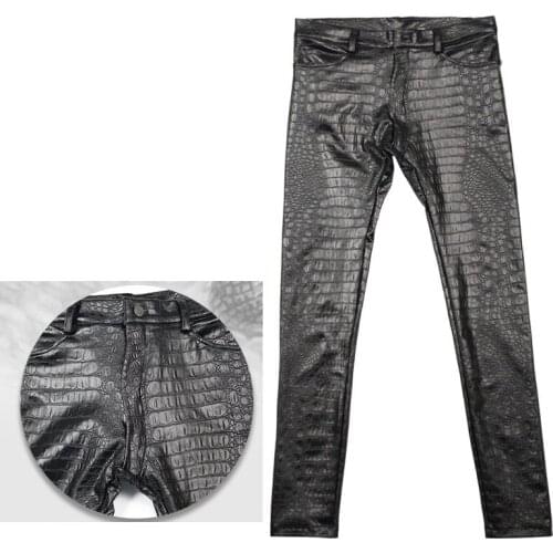Men Pencil Pants 3 D Intaglio Printing Crocodile Grain Leggings Fashion PU Leather Casual Pants Skinny Motorcycle Trousers
