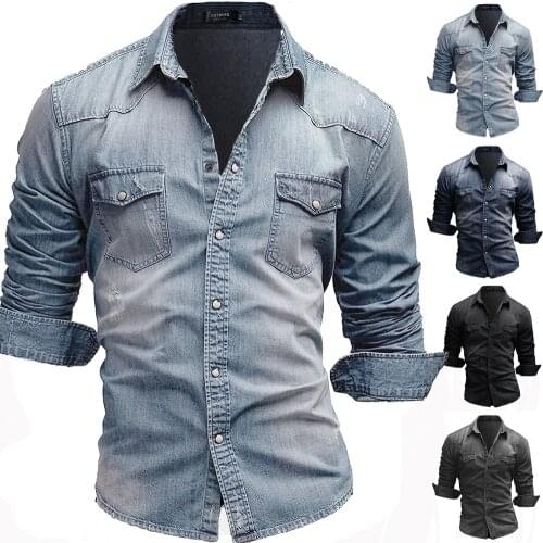 Mens Long Sleeve Jeansshirt Casual Slim Fit Denim Shirts