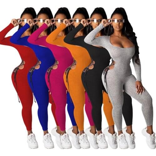 Autumn Sexy Women Bodycon Bodysuit Long Sleeve Active Wear Slim Skinny Clubwear Solid Bandage Hollow Casual Jumpsuit Playsuits
