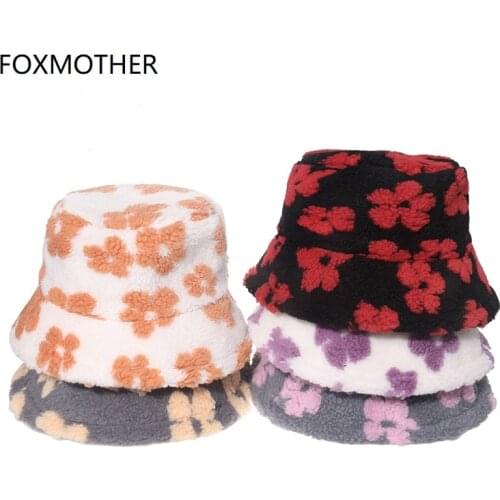 FOXMOTHER New Bob Panama Outdoor Warm Fishing Cap Fisherman Gorros Lamb Fluffy Floral Faux Fur Winter Bucket Hat For Women
