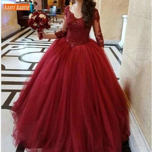 Stunning Burgundy Boho Bridal Wedding Gowns Long Sleeve Scoop Applique Beaded Lace Fluffy Bride Dresses 2020 Tulle Wedding Dress