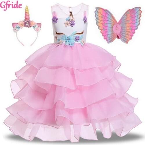 Princess Girls Unicorn Flowers Cake Dress With Headbad Wings for Kids Fancy Birthday Theme Party Costumes Halloween Costumes